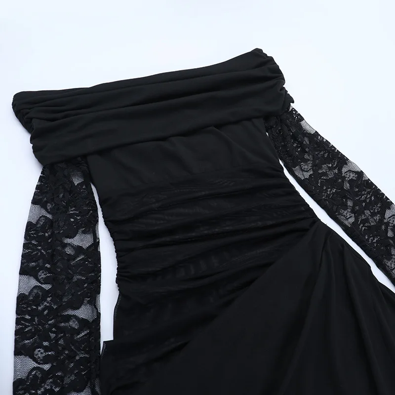 Durchsichtig Mesh Patchwork Geraffte Bodycon Maxi Party Kleid Frauen Sexy Slash Neck Off Schulter Spitze Volle Hülse Split Lange Robe