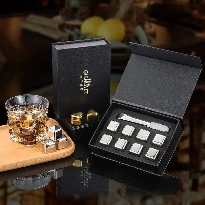 304 / 316 Stainless Steel Ice Cubes Anti Slip Clip Set Golden Reusable Metal Whisky Ice Cake Whiskey Wine Stone Gift Box Packing