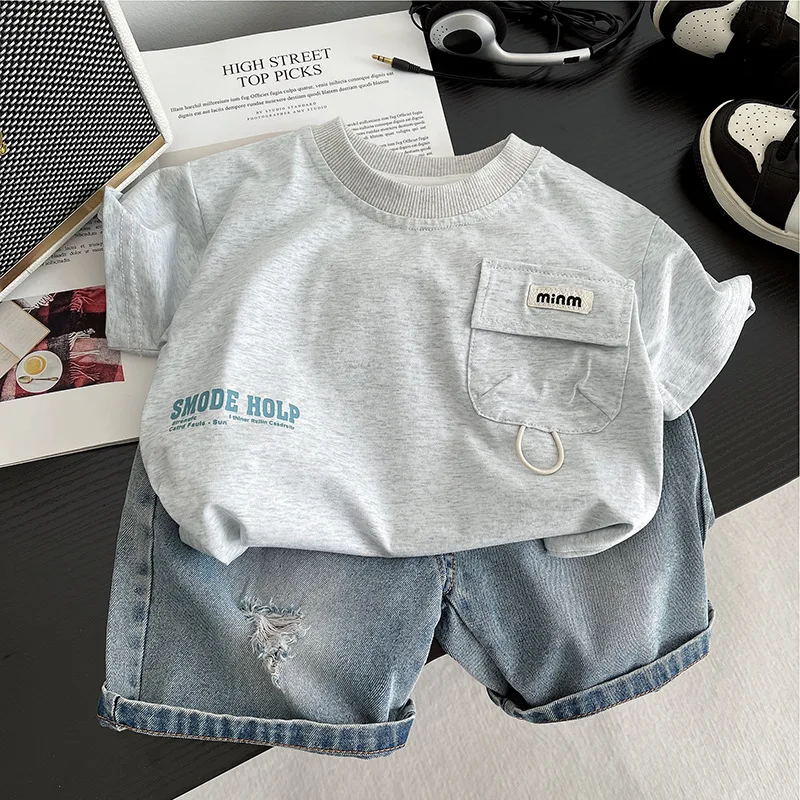 New Summer Fashion Baby Boys Clothes Suit Children Flip Pocket T-shirt Denim Shorts 2Pcs/Set Toddler Clothing Kids Tracksuits