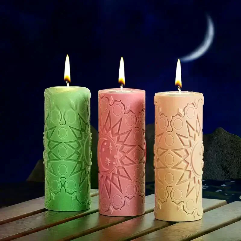 3D Relief Sun Moon Star Pillar Candle Mold Silicone Astrology Witchcraft Candle Making Mould For DIY Soy Wax Candles Home Decor