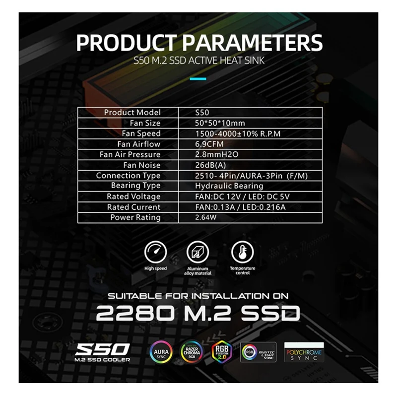 مبرد المبرد SSD S50 M.2 2280 قطع غيار مروحة ARGB Dual PWM ذات المرآة العلوية باللون الأسود