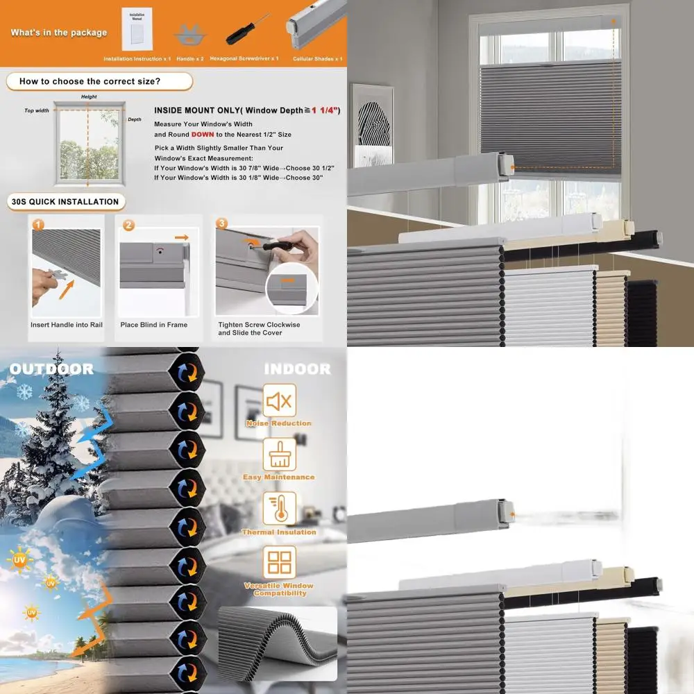 

Беспроводные сотовые шторы, серые, 35x64, верхняя нижняя часть, простая установка для окон