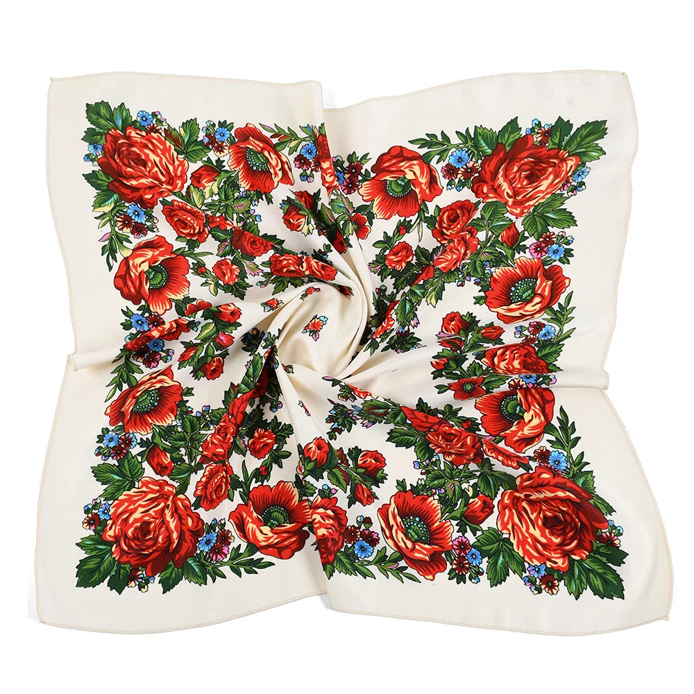 70*70cm Russische Quadrat Schal Frauen Luxus Floral Print Bandana Kopf Wraps Taschentuch Babuschka Stirnband Schals – Detail 5
