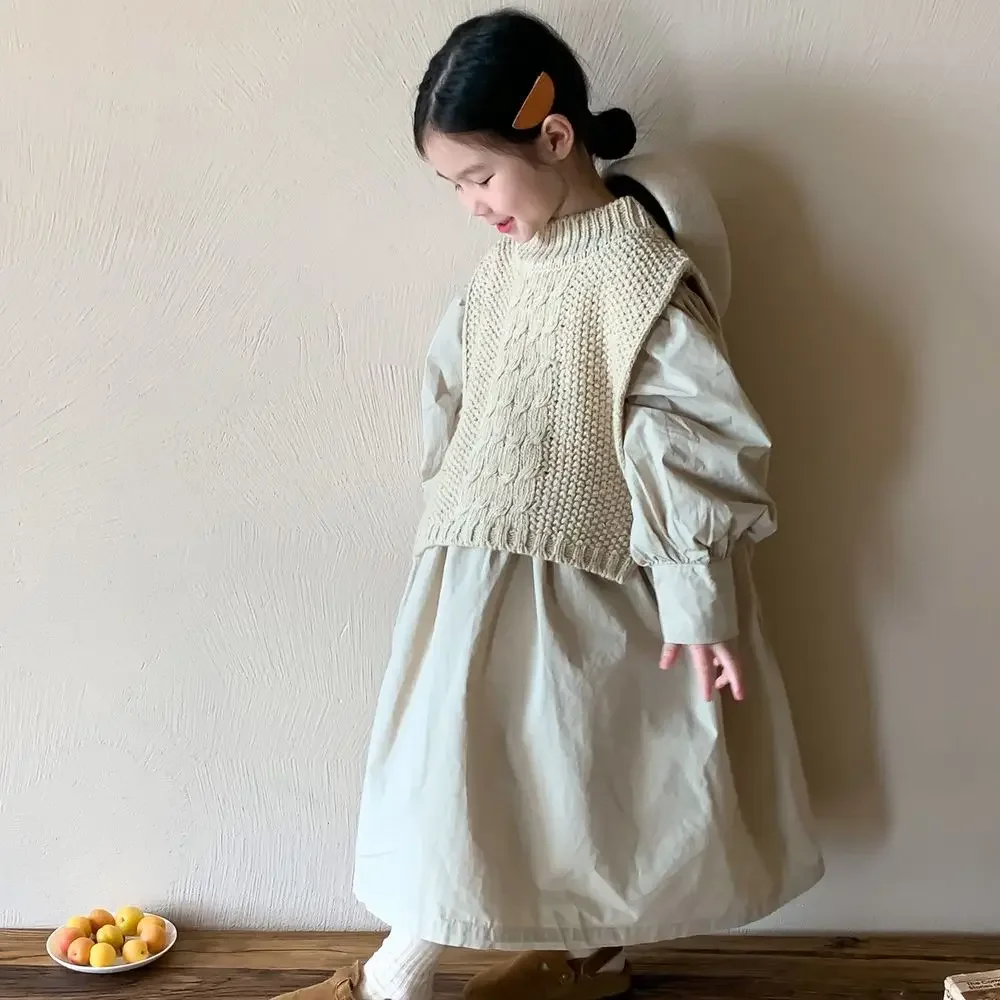 Girl Vest Autumn Winter New 2024 Solid Knitting Shawl Puff Sleeve Dress Casual Simple Fashion Loose Sweet Korean Active Vintage