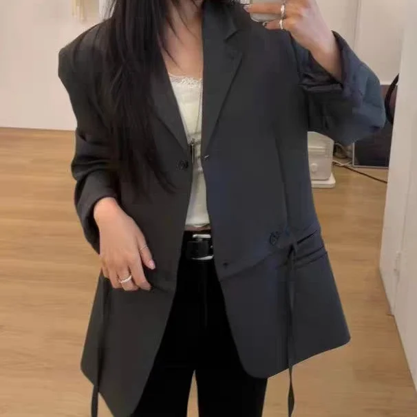 

Casual High Waist Design Women's Suit Jacket Loose Fit Long Sleeve Button up Front Trendy Design East Gate Style Coat