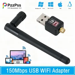 PzzPss 150Mbps Wireless Network Card Mini USB 2.0 WiFi Adapter LAN Wi-Fi Receiver Dongle Antenna 802.11 b/g/n  For Laptop PC