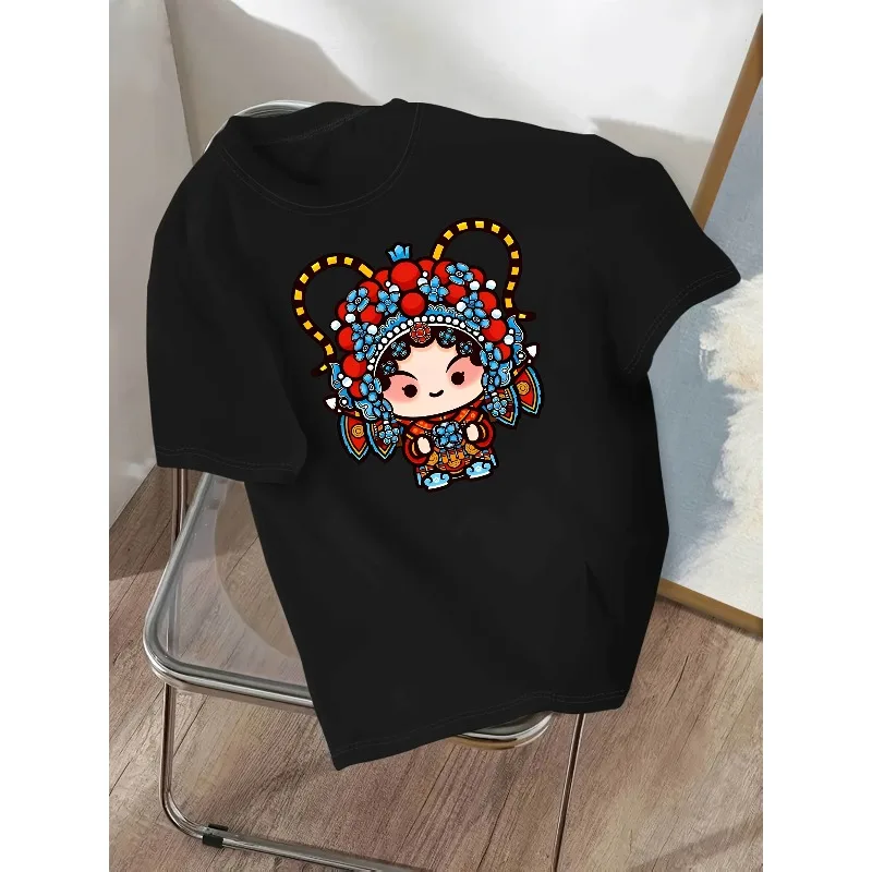 Lässiges Damen-T-Shirt mit lebendigem Peking-Oper-Masken-Aufdruck, weiches Rundhals-Design, ganzjährig bequemes und lustiges Muster-Oberteil