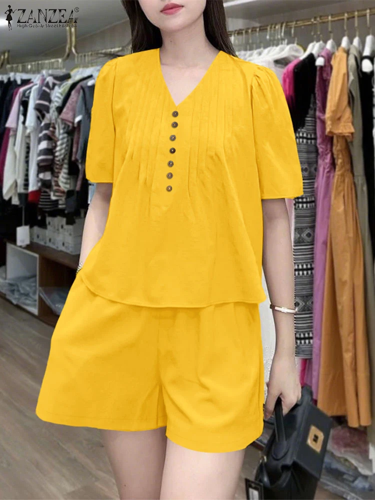 ZANZEA Kurzarm V-ausschnitt Pintuck Tops Lose 2 Stück Kurze Sets Frau Casual 2025 Sommer Breite Bein Shorts 2 stück Outfits Anzüge