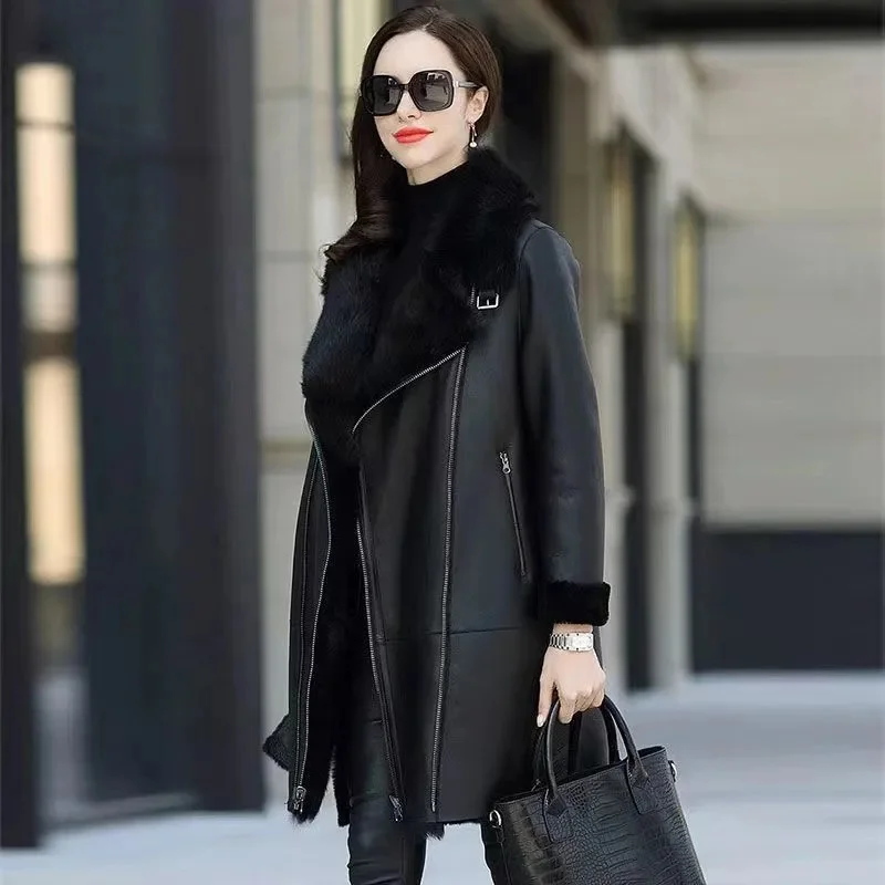 Oversized 6XL Thicken PU leather Jacket Women\'s 2024 Winter Warm Faux Mink Fur Coat Female Loose Windproof Parka Long Overcoat