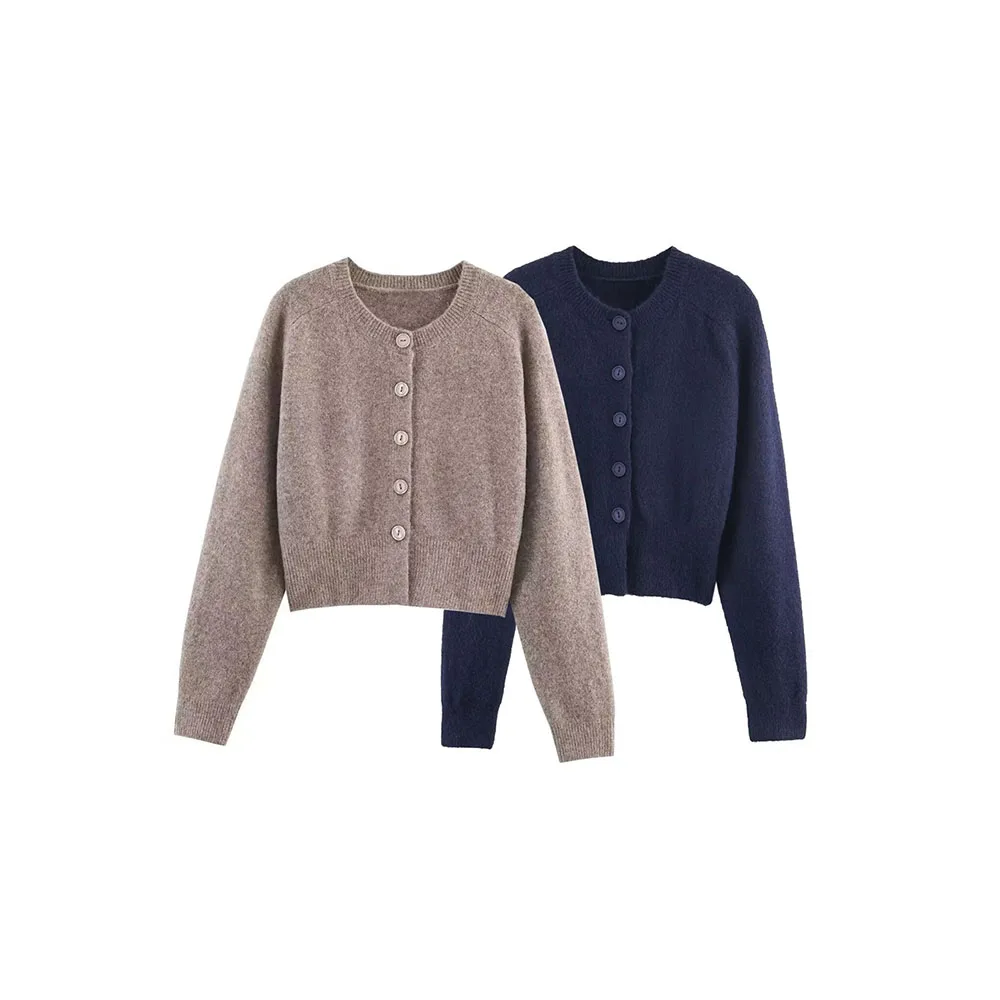 

Autumn New Women's Fashion Simple Button Short Round Neck Long Sleeve Knitted Coat