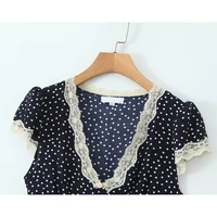 YENKYE 2025 Women Navy Blue Polka Dot Long Dress Lace Trim V Neck Short Sleeve A-line Elegant Holiday Dresses Summe Maxi Robe - Image 3