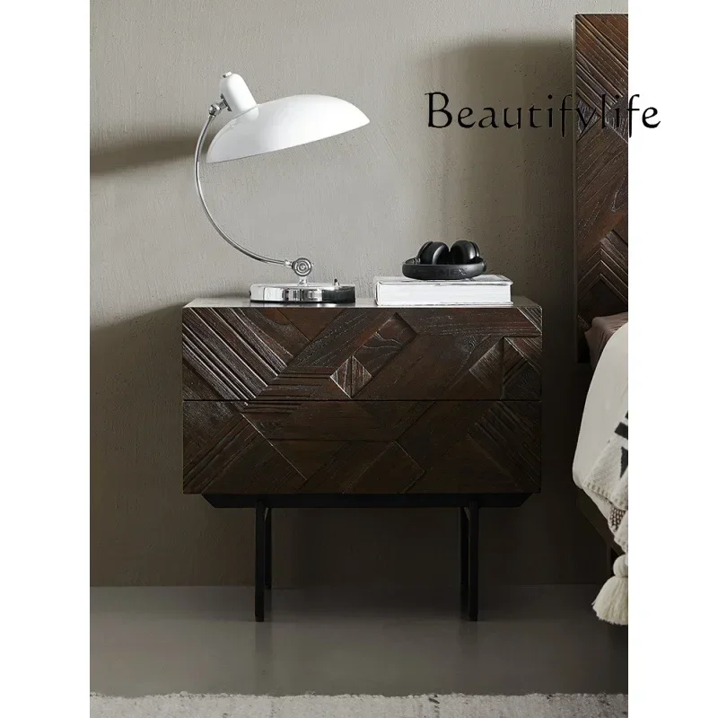 

yj15 Nordic modern wabi-sandy wind solid wood hand-carved bedside light luxury retro medieval style double pumping storage cabin