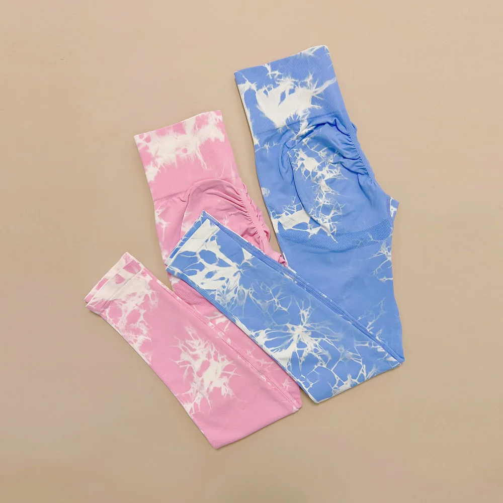 

2Pcs Women Tie Dye Gym Leggings Seamless Yoga Workout Sports Tights High Waist Scrunch Butt Lifting Outdoor Pants Elastic