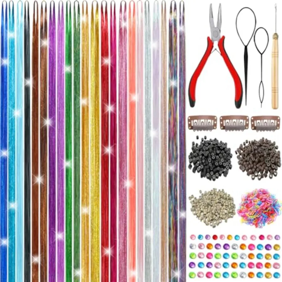 

Party festival hair tinsel kit: heat-resistant polyester, 22 colors, 8200 strands, 48-inch colorful fairy hair extensions for g