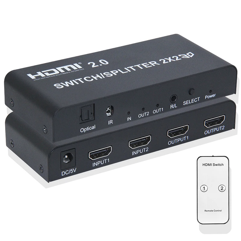 4K 60Hz HDMI 2.0 Switch Splitter 2x2 2x4 with Optical SPDIF + 3.5mm jack Audio Extractor Video Converter with IR Remote Control