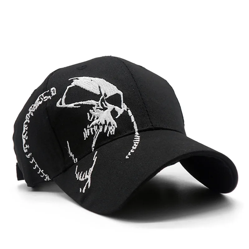 Boné crânio bordado para homens e mulheres, bonés de beisebol esportivo de algodão, padrão preto, snapback, boné masculino do exército, osso hip hop