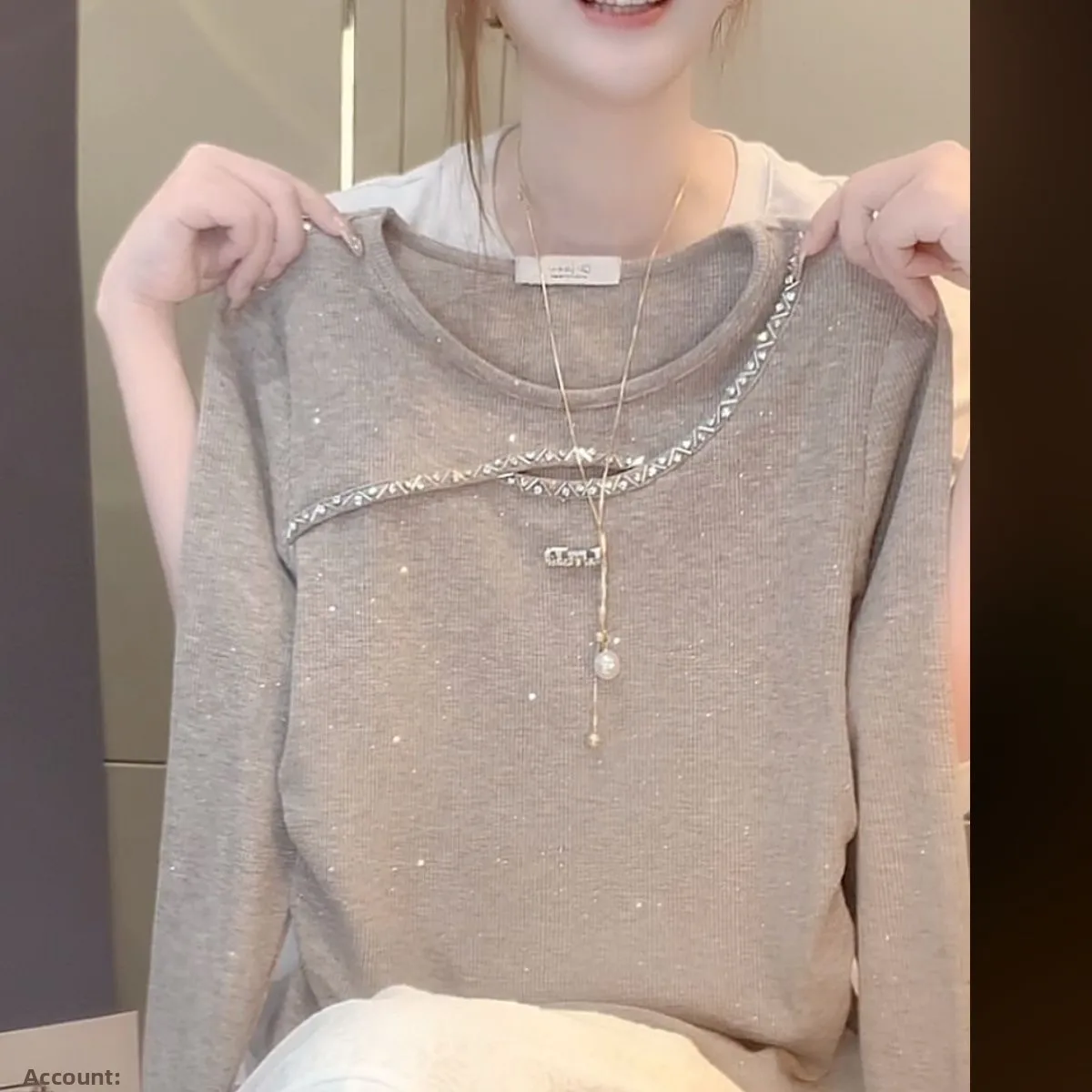 Slimming Hollow out Long Sleeve T-Shirt Women's plus Size Base Shirt Inner Wear Rhinestone Embellished Commute Style Loose Fit