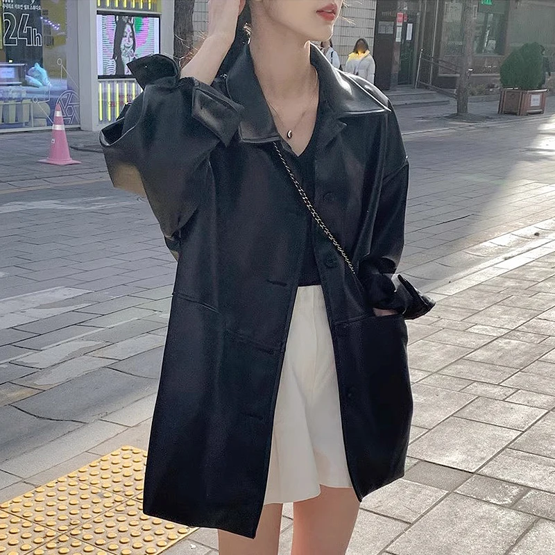 SUSOLA South Korea Chic Leather Coat, New Classic Retro Polo Collar, Single-Breasted Loose Outerwear, Black Long Sleeve