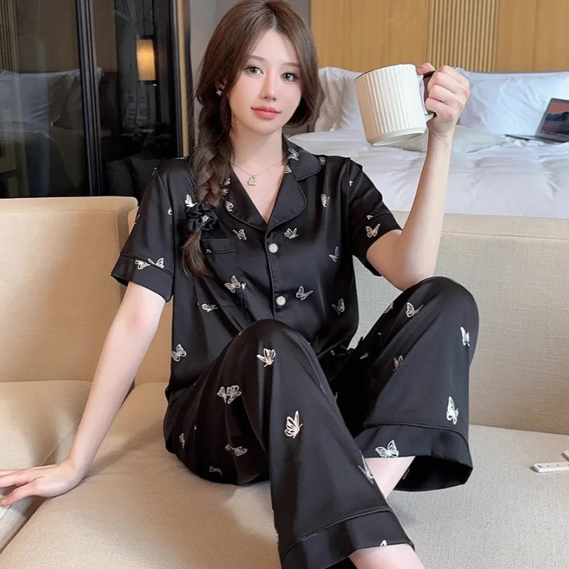 Butterfly Print Pajamas Set for Women Summer Room Wear Setup Satin Silk Pajamas Pajama Sleepwear Loungwear Pants Set Home Suits