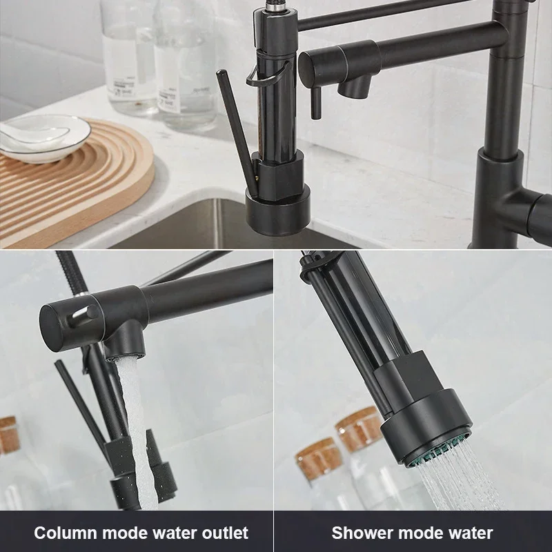 New Kitchen Faucet Black and Rose Golden Spring Pull Down Kitchen Sink Faucet Hot & Cold Water Mixer Crane Tap with Dual Spout