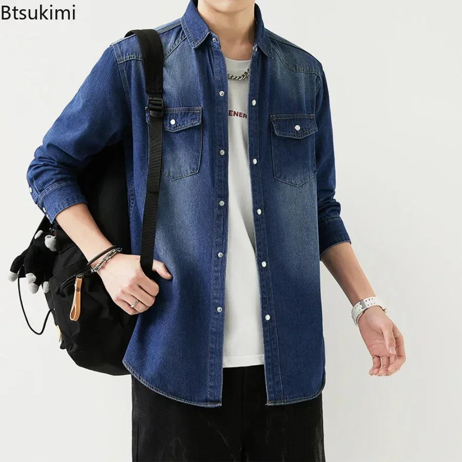 2026 Men's Spring Summer All-Match Long Sleeve Denim Shirt  Korean Slim Fit Tooling Jean Jacket Classic Fashion Simple Tops Male