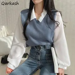 Sweatshirts Women Korean Style Patchwork Tops Loose All-match Fashion Leisure Simple Female Fake 2pcs Streetwear Hoodies Tender