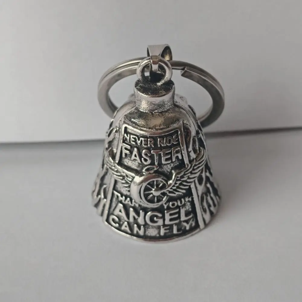 Vintage 3D Design Motorcycle Guardian Bell Retro Punk Style Angel Pendant Bell Wing Design Alloy Biker Good Luck Charm Men