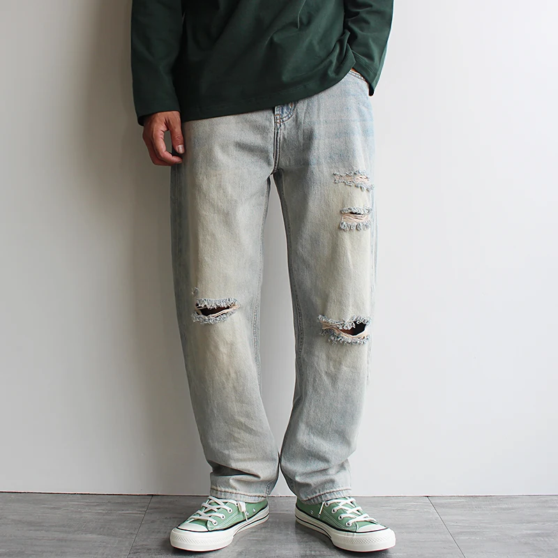

Spring/Fall Distressed Men's Jeans Straight-Leg Loose Fit Large Size Trendy Frosted Wash Casual Denim Pants