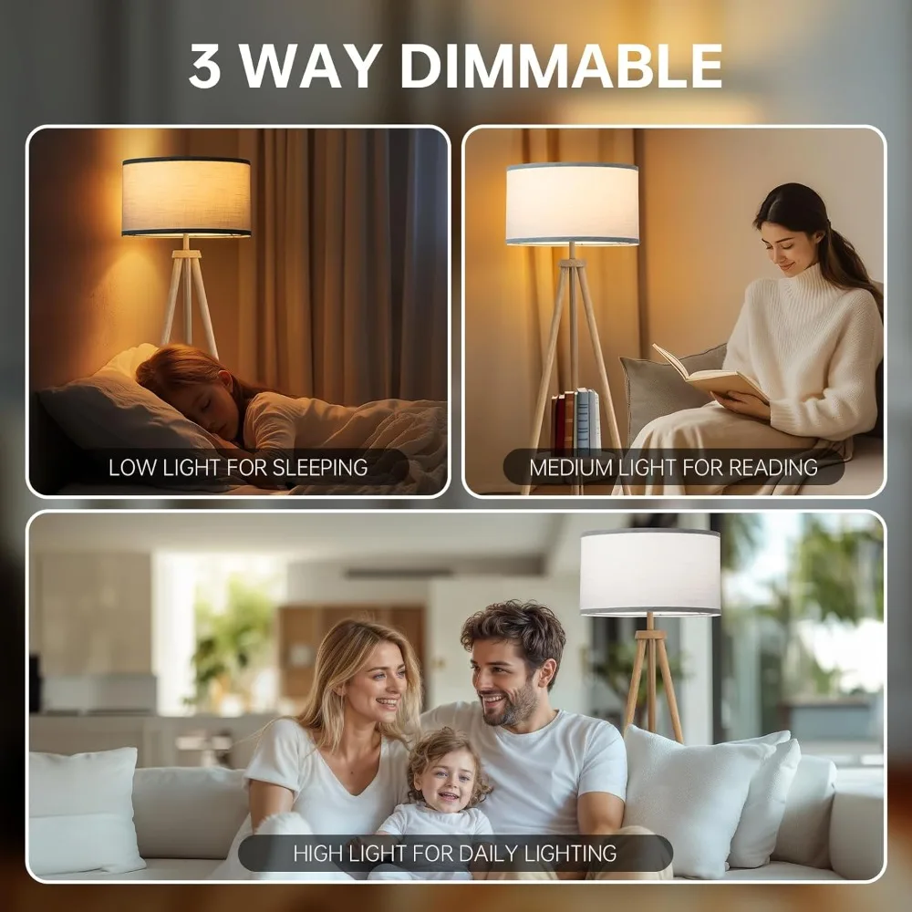 مصباح أرضي مع 3 أوضاع إضاءة قابلة للتعديل - مصباح أرضي ثلاثي القوائم خشبي، مصباح LED حديث مع سطوع خافت، مثالي