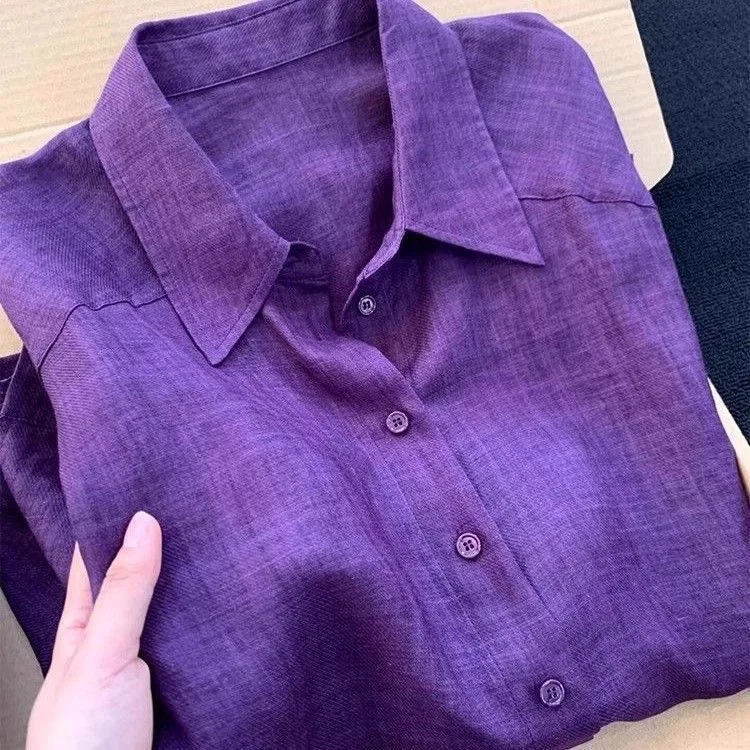 Unique Purple Cotton Linen Shirt Women's Loose Fit Sun Protection Top Fashionable Korean Style Long Sleeve  Collar