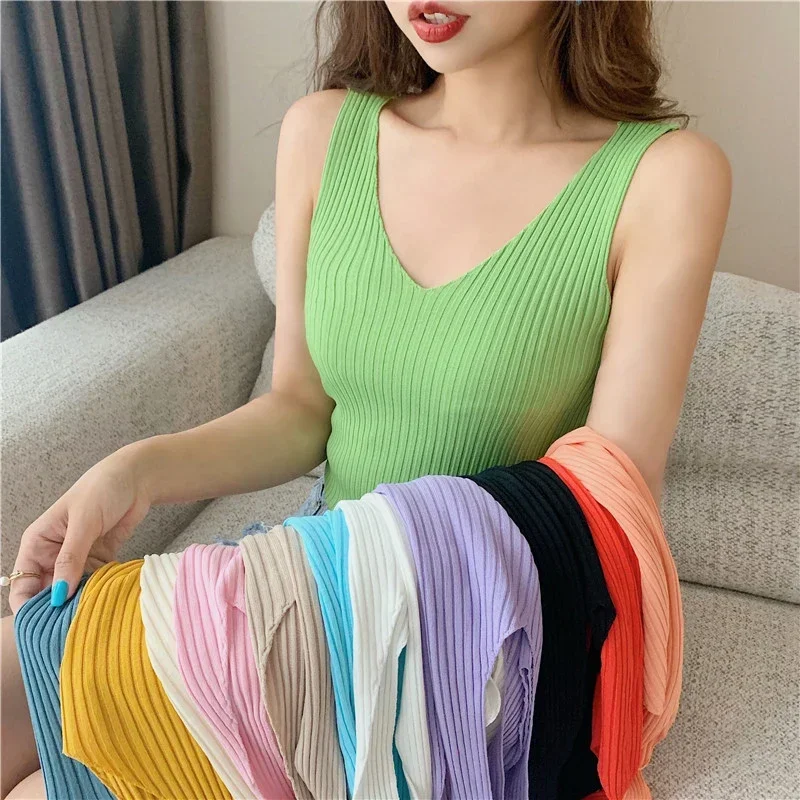 

Sleeveless V-neck Knitted Ice Silk Top Thin Vest Knit Sweater Women Sexy Slim Camisole Female Women Clothing Spring Summer Fall