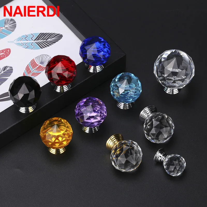 NAIERDI 30mm Round Diamond Crystal Glass Knobs Cupboard Pulls Colorful Drawer Knobs Kitchen Cabinet Handles Furniture Handle