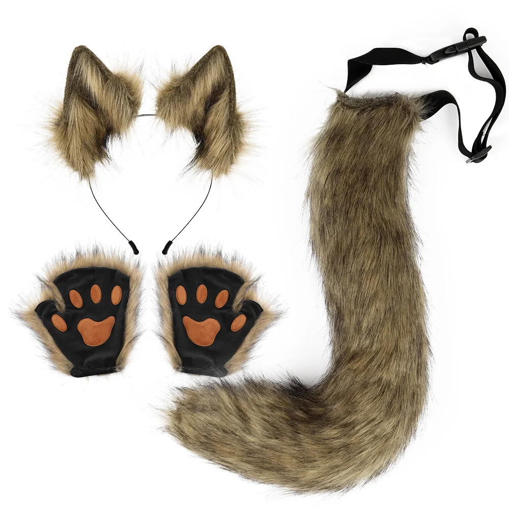 Fluffy Animal Ears Headband Furry for CAT Ears Hair Gloves Tail Set for Halloween Christmas Fancy Dress Up Party Props