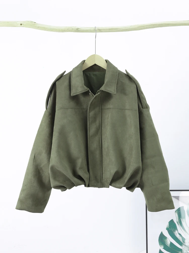

Retro Suede Short Jackets Women Casual Stand Collar Zipper Long Sleeve Pockets Loose Coats 2025 Autumn Winter Chic Lady Outwears