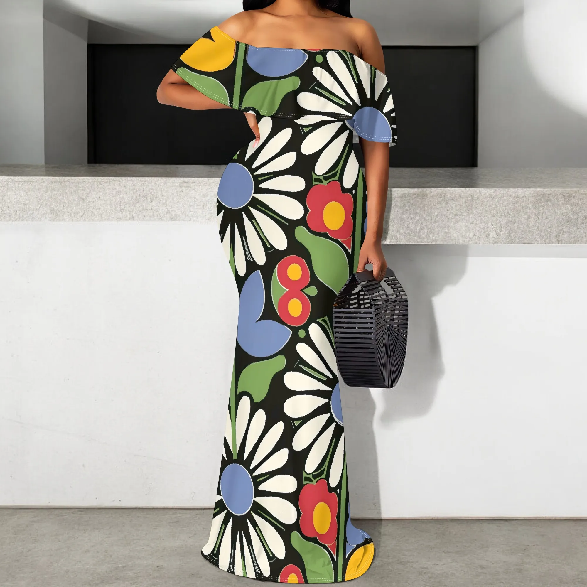 

Floral Off-Shoulder Women's Maxi Dress S-3XL, Bold Daisies & Colorful Flowers on Black Background