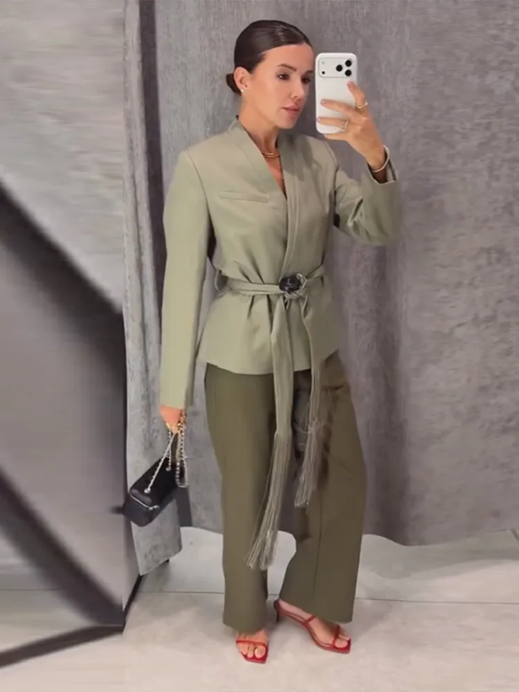 Quastenbesetzte Y-Ausschnitt-Mäntel für Damen, sexy V-Ausschnitt, seitliche Knopfleiste, lange Ärmel, Schnürung, einfarbig, schlanke Jacken, schicke Büro-Outfits, neue Oberbekleidung – Detail 4