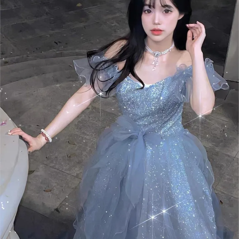 Female New Student Day Adult Ceremony Art Exam Blue Banquet Fairy Dress