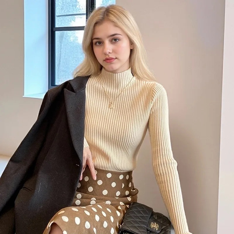 

Элегантный женский простой однотонный пуловер с полувысоким воротником, свитер в Корейском стиле, осень-зима, облегающий темперамент, вязаные базовые топы