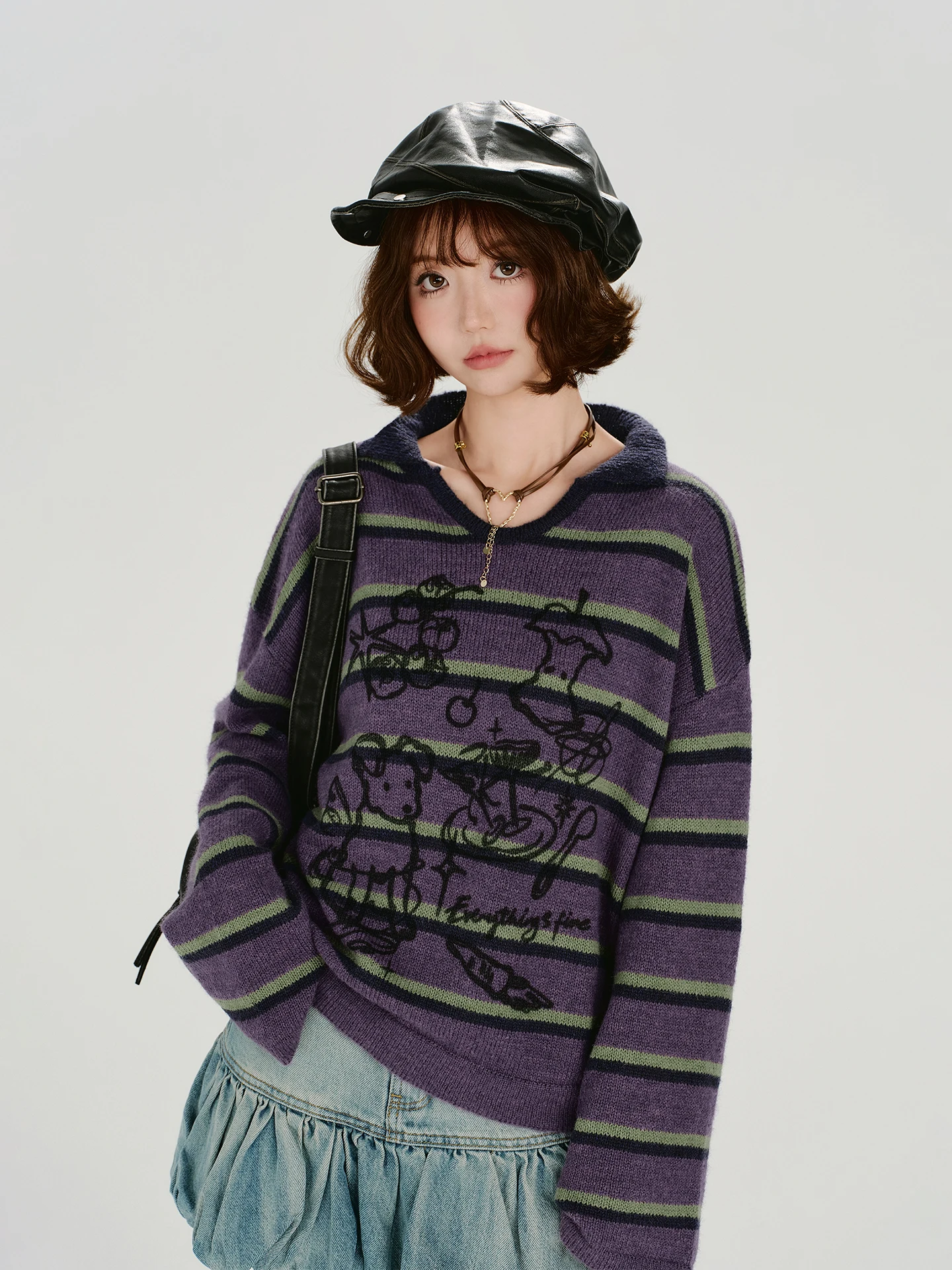 

Girly American Retro Striped Print Collar Sweater Women's Autumn Winter New Soft Lazy Loose Top Fem Faion Commute Sle