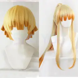 Agatsuma Zenitsu krótkie blond Ombre i długi kucyk odporny na ciepło peruka do Cosplay + czapka z peruką