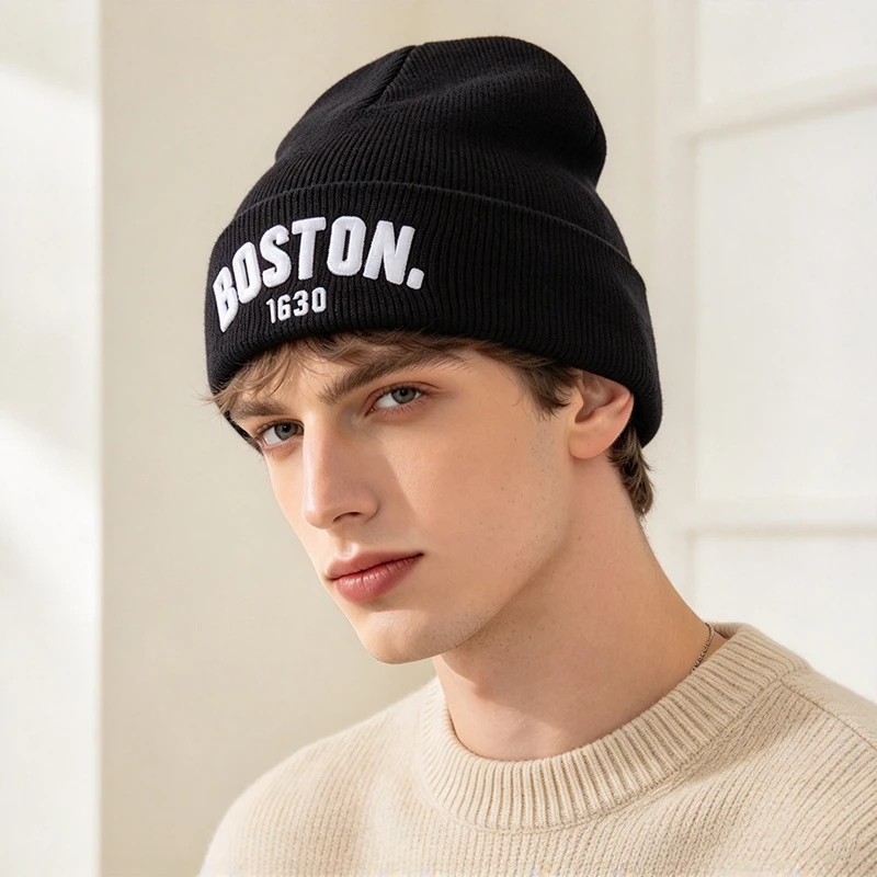 BOSTON Embroidery Knit Beanie Hat Unisex Cuffed Skull Cap Soft Stretchy Winter Knitted Hat for Men Women Streetwear Outdoor