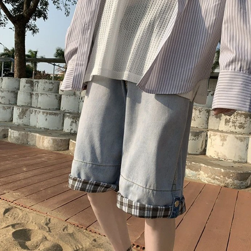 Latest Summer Men's Hong Kong Style Denim Shorts New Collection Loose Fit Checkered Mid-Length Versatile Streetwear Trendy