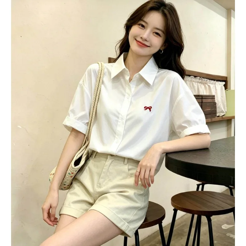 Fashion Women's Bow Embroidered Solid Color Short Sleeve Shirt Loose Casual Lazy Style Blouse For Summer Single Breasted Top