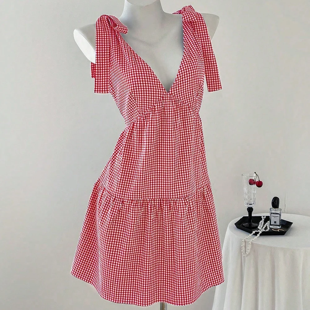 Spring/summer New Women's Casual Wrap Tank Top V-Neck Harajuku Casual Comfortable Breathable Cute Checkered Dress Japan Sweet 4