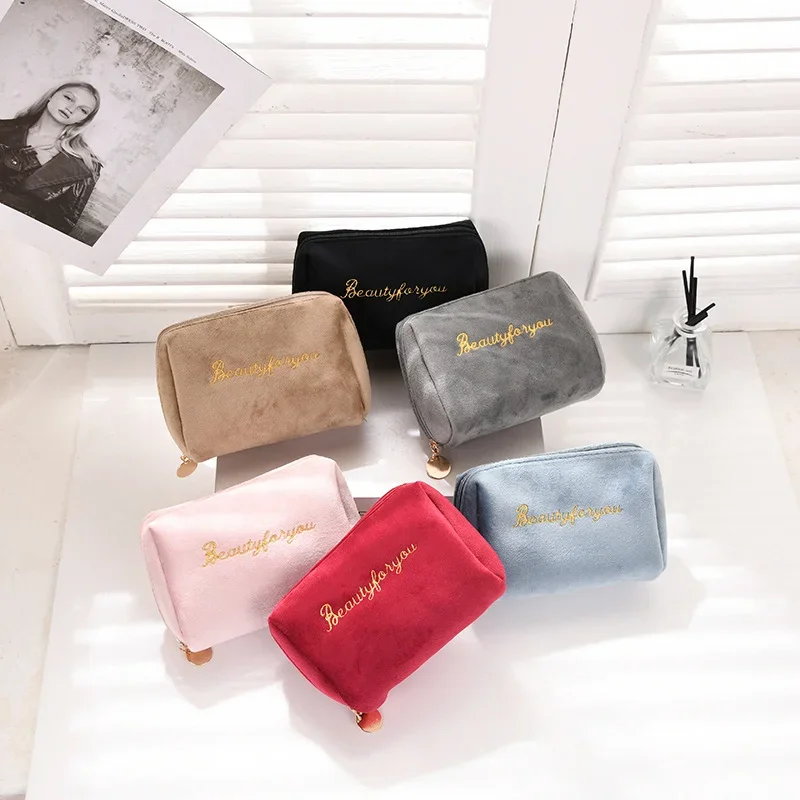 1 Pc Women Zipper Velvet Make Up Bag Travel Large Cosmetic Bag for Makeup Solid Color Female Make Up Pouch Necessaries