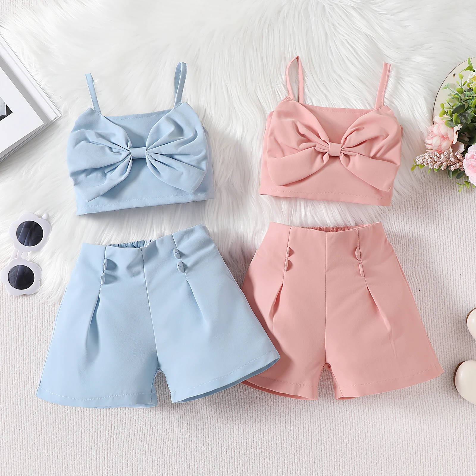 Toddler Baby Girl Summer 2pcs Clothing Suits Infant Fashion Sleeveless Front Bow Tank Top + Shorts 2Pcs Clothing Outerwear