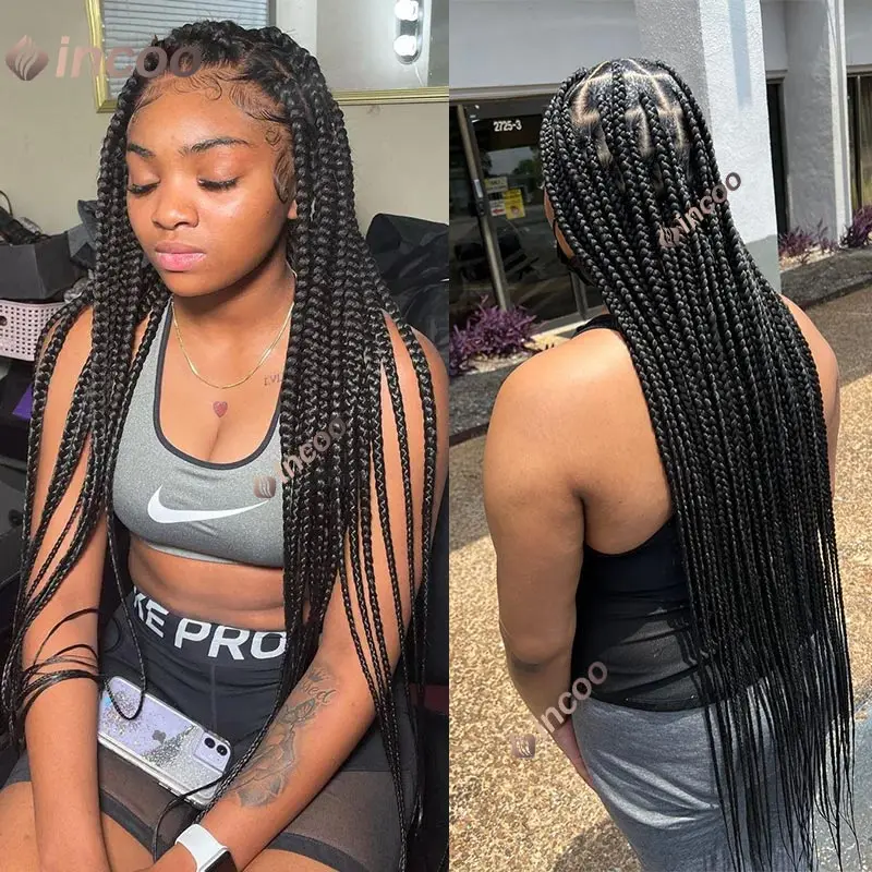 Synthetic Jumbo Knotless Full Lace Frontal Wigs Large Box Braided Wigs For Black Women Lace Front Square Knotless Box Braids Wig