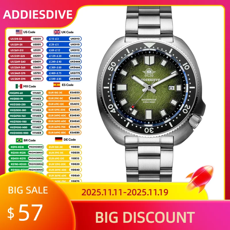 ADDIESDIVE クォーツ時計男性用ステンレス鋼サファイアガラス男性時計超発光 20Bar 防水ダイビング時計 AD2511