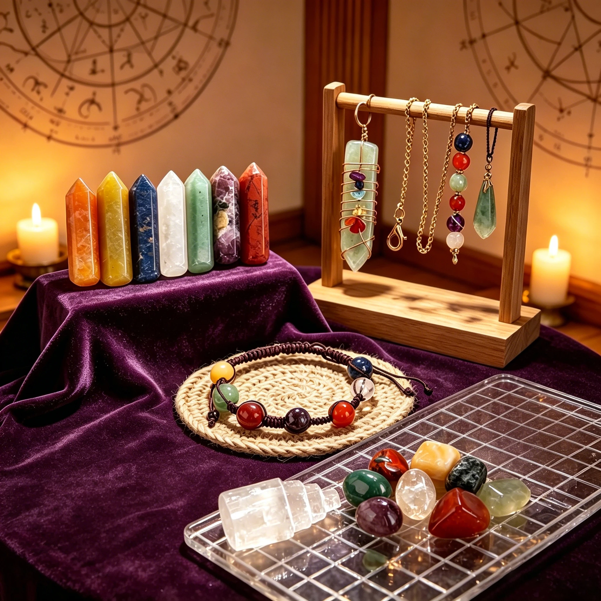 Healing Crystal Set - ชุดคริสตัล 7 จักระ พร้อมกล่องไม้ แท่งคริสตัลปลายแหลมคู่ สร้อยข้อมือคริสตัลทรงกลม