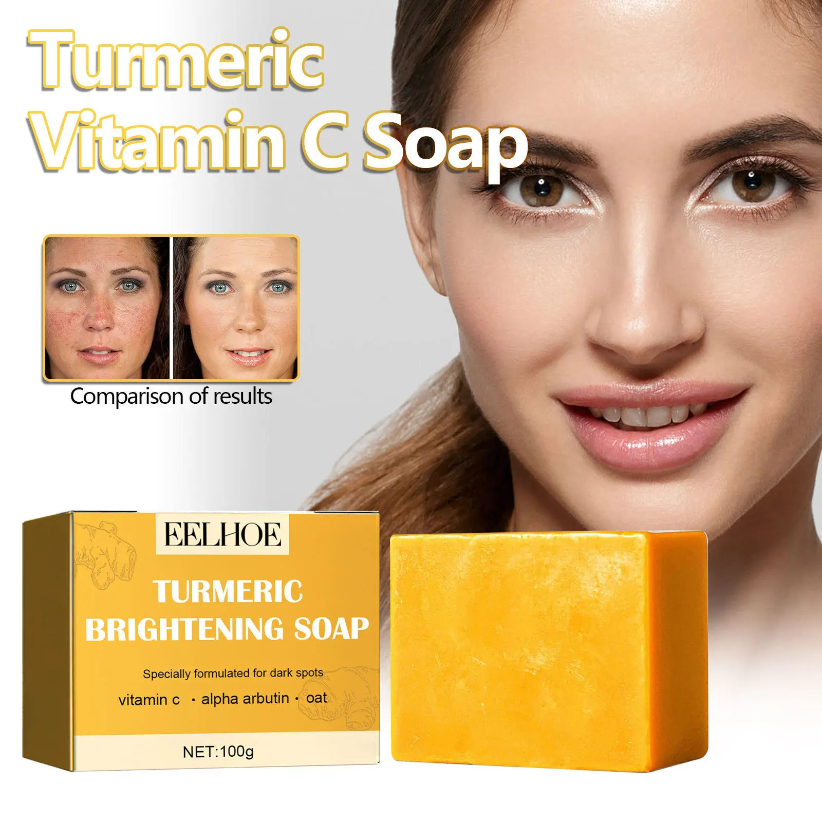 

100G Eelhoe Turmeric Cleaning Soap Cleaning Facial Fade Spots Acne Acne Marks Brighten Tender Skin Rejuvenating Soap Cosmetics